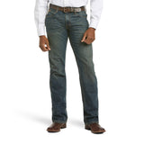 Front view of Ariat M5 Legacy Swagger Jeans in medium wash, showing slim fit, straight leg, and boot-ready styling