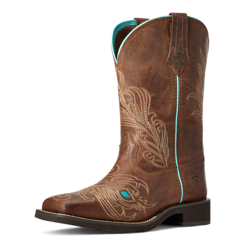 Ariat Women's Brown and Turquoise Square Toe Boot front view showing vibrant shaft and classic toe shape