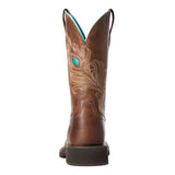 Back of Ariat Women's Brown and Turquoise Boot highlighting pull tabs and stitching detail