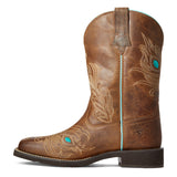 Side profile of Ariat Women's Square Toe Boot with turquoise shaft and brown leather foot