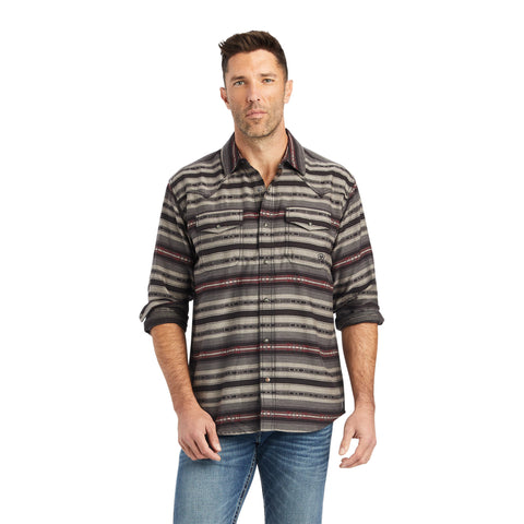 Black and Grey Retro Striped Snap Long Sleeve Shirt