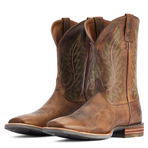 Pecan Brown Square Toe Boot with Green Stitching