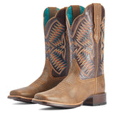Brown and Pewter Square Toe Boot with Turquoise Multi Stitching