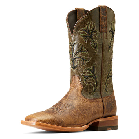 Front and side view of Ariat Men's Prairie Green Cowboss Square Toe Western Boots.