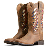 Brown Square Toe Boot with a Red/White and Blue Underlay Shaft 