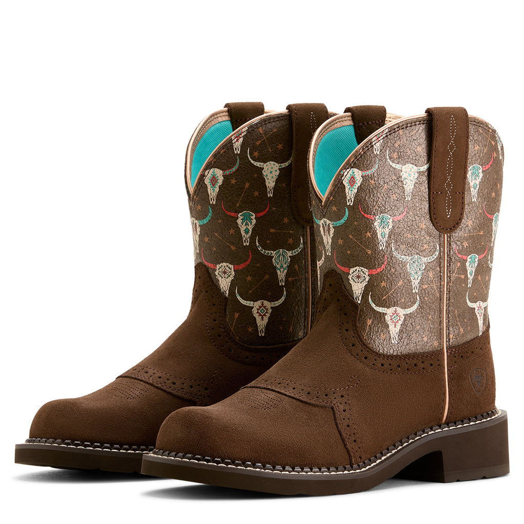 Side view of both Ariat Women's Farrah Brown Skull Fatbaby Western Boots
