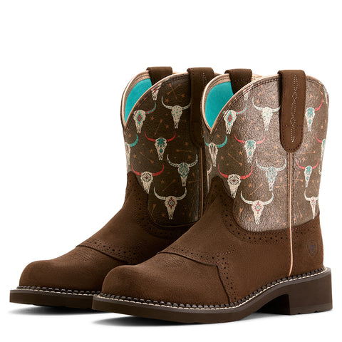 Side view of both Ariat Women's Farrah Brown Skull Fatbaby Western Boots