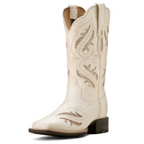 women's ivory cowboy boots with laser cut out patterns with glitter front view