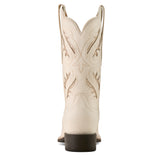 women's ivory cowboy boots with laser cut out patterns with glitter heel view