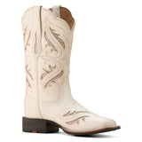women's ivory cowboy boots with laser cut out patterns with glitter medial view