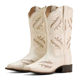 women's ivory cowboy boots with laser cut out patterns with glitter 