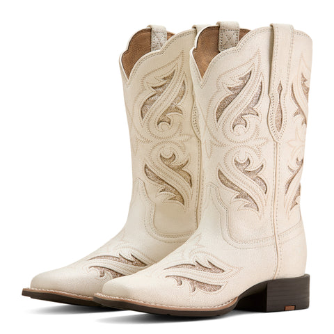 women's ivory cowboy boots with laser cut out patterns with glitter 