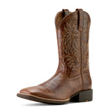 Front view of Ariat men’s dark tan square toe boots with western stitching and leather finish