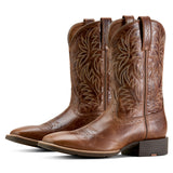 Ariat cowboy boots showing wide square toe and full-grain dark tan leather