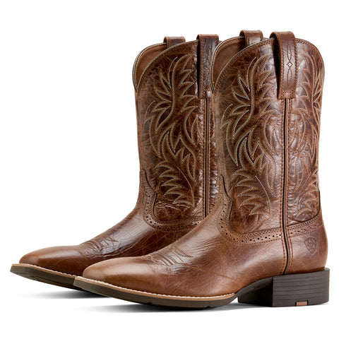 Ariat cowboy boots showing wide square toe and full-grain dark tan leather