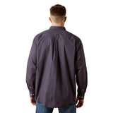 Back of Ariat Navy and Red Print Shirt with continuous print and yoke detail