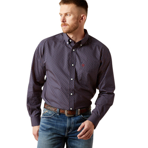 Ariat Navy and Red Print Shirt front view showing bold Western pattern and button-down collar