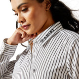 White Long Sleeve Button down shirt close-up of pocket and Ariat Logo on the collar