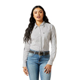 White Long Sleeve Button down shirt with black vertical triangle stripes.