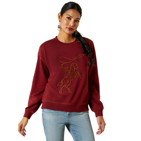 Ariat Cabernet Lasso Crewneck Sweater featuring a bold cowboy lasso graphic on soft fleece fabric