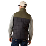 Back view of Men’s Ariat Crius insulated vest in Phantom/Grape Leaf featuring a durable ripstop shell, stand-up collar, zippered pockets, and embroidered Ariat logos.