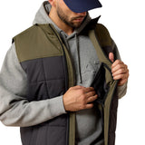 Close up of Men’s Ariat Crius insulated vest in Phantom/Grape Leaf featuring a durable ripstop shell, stand-up collar, zippered pockets, and embroidered Ariat logos.