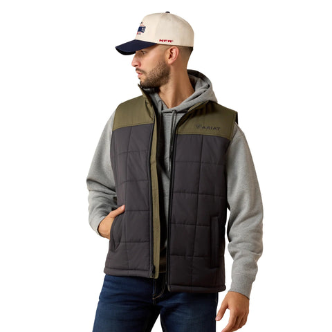 Men’s Ariat Crius insulated vest in Phantom/Grape Leaf featuring a durable ripstop shell, stand-up collar, zippered pockets, and embroidered Ariat logos.