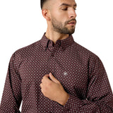Close up front side view of Fudge Medallion Print Long Sleeve Shirt