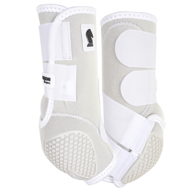 Classic Equine Flexion hind boots. White with black classic equine logo.
