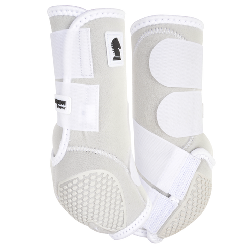 Classic Equine Flexion hind boots. White with black classic equine logo.