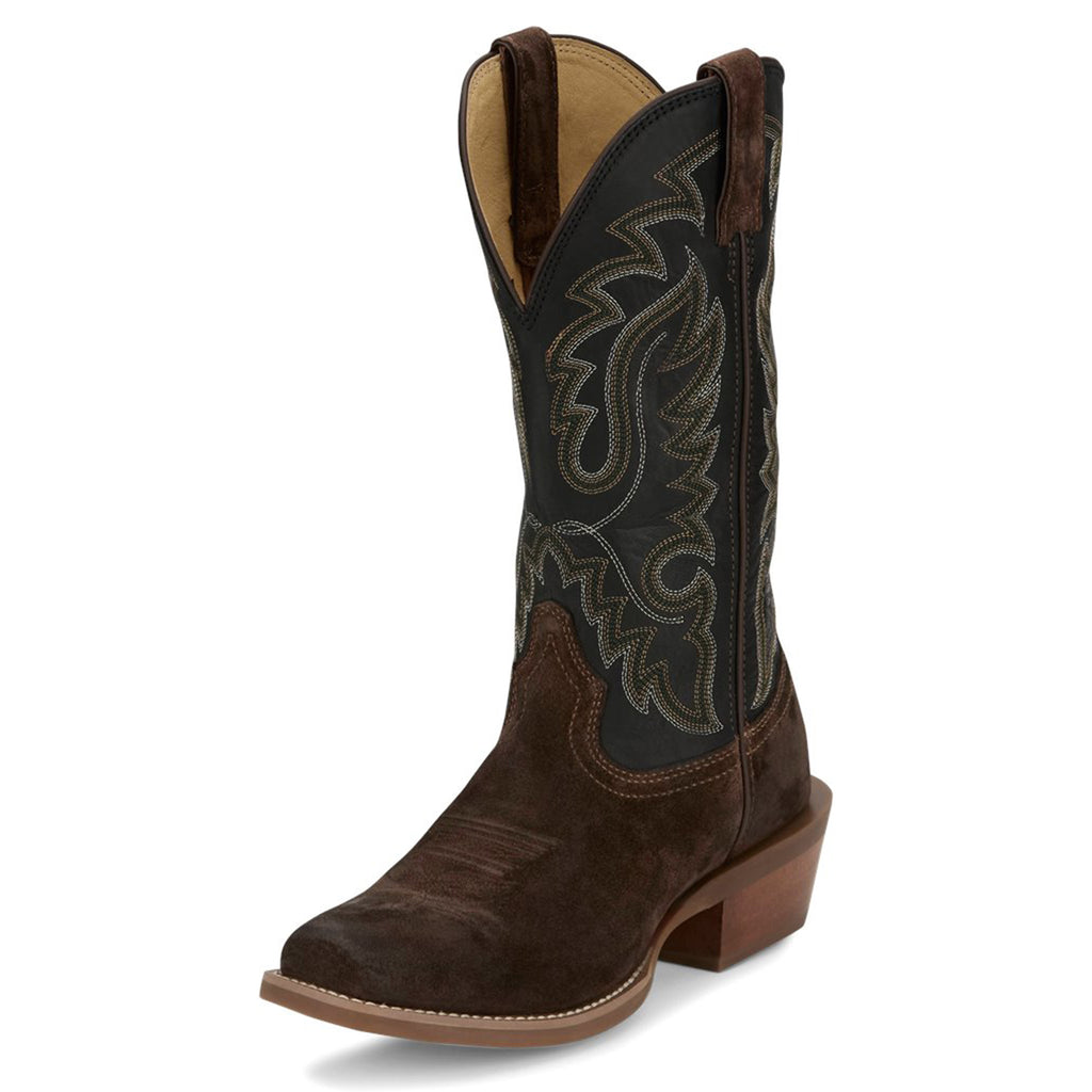 Chocolate Suede Square Toe Boot with a Black Shaft