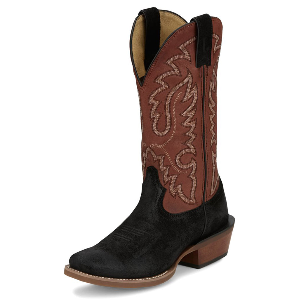 Black Suede Square Toe Boot with Rust Colored Shaft