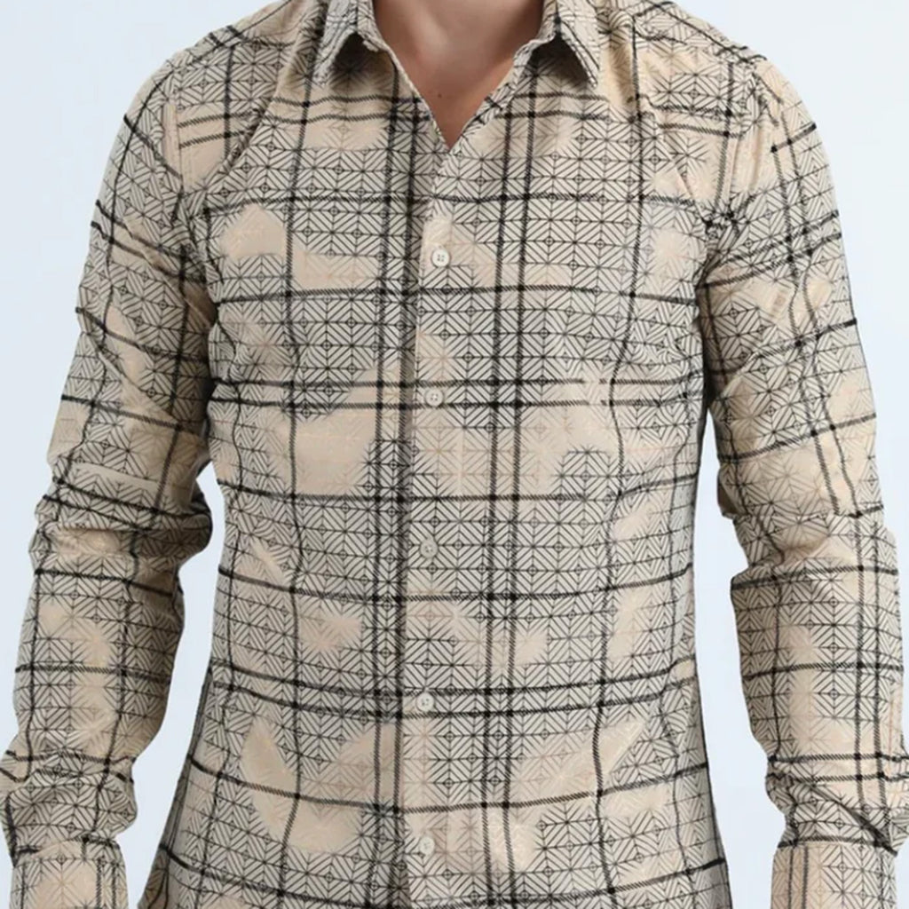 Men's beige and black geometric plaid long sleeve button up shirt. 