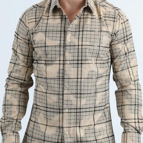 Men's beige and black geometric plaid long sleeve button up shirt. 