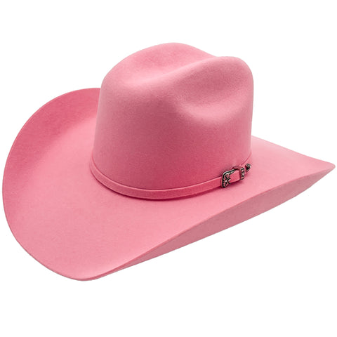 Baby pink felt cowboy hat with silver buckle on the hat band. 