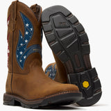 One front view and one bottom view of brown square toe boots with American Flag mesh top