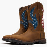 Side view of 2 brown square toe boot with American Flag mesh top