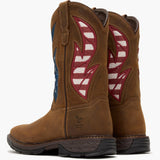 Back view of 2 brown square toe boot with American Flag mesh top