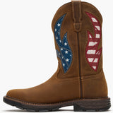 Side view of a brown square toe boot with American Flag mesh top