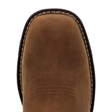 Close-up of the toe of a brown square to boot showing the stitching and sole