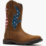 Side view of a brown square toe boot with American Flag mesh top