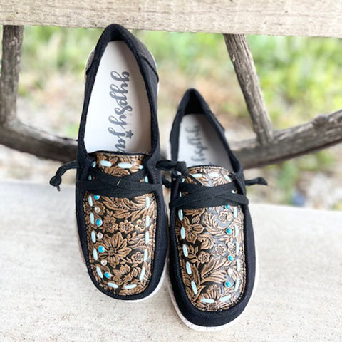 Gypsy Jazz Black Tooled Slip On Shoes