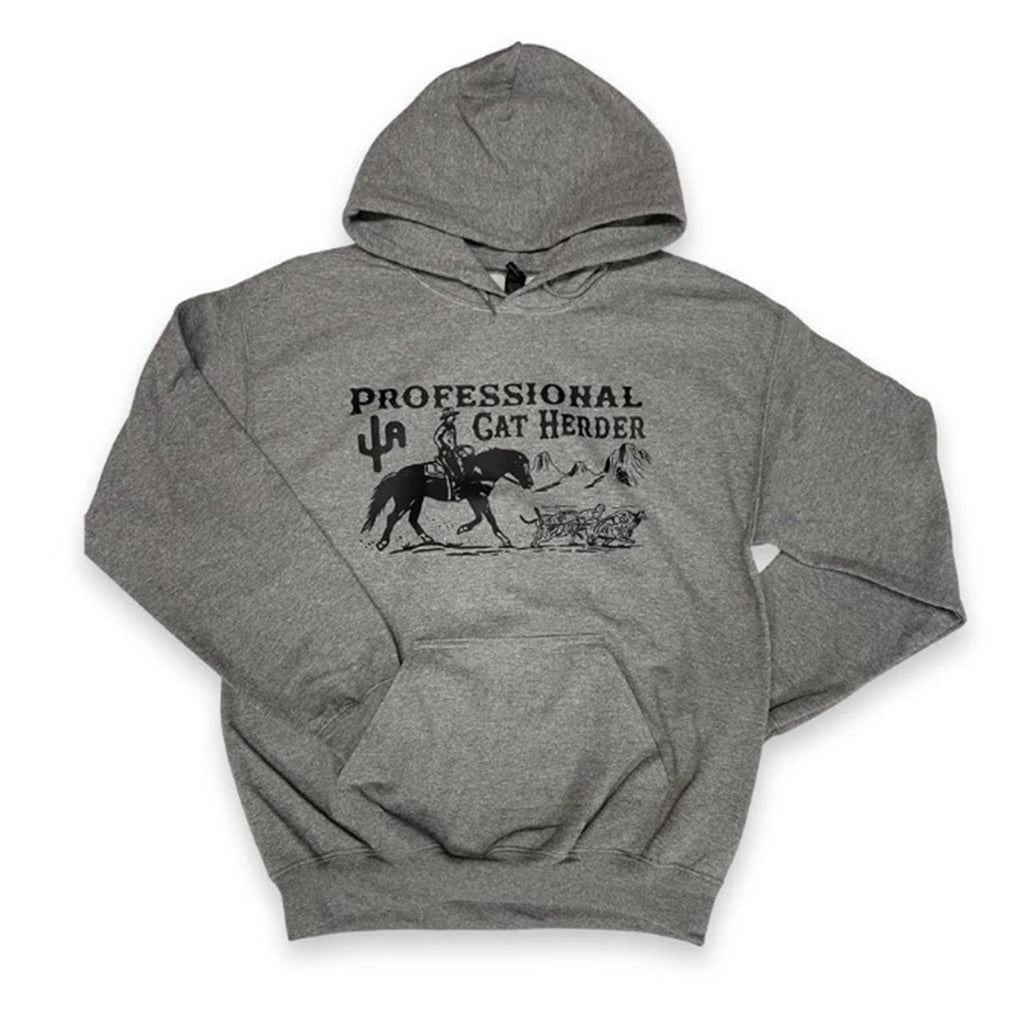 Grey Hoodie on White Background With "Professional Cat Herder" saying