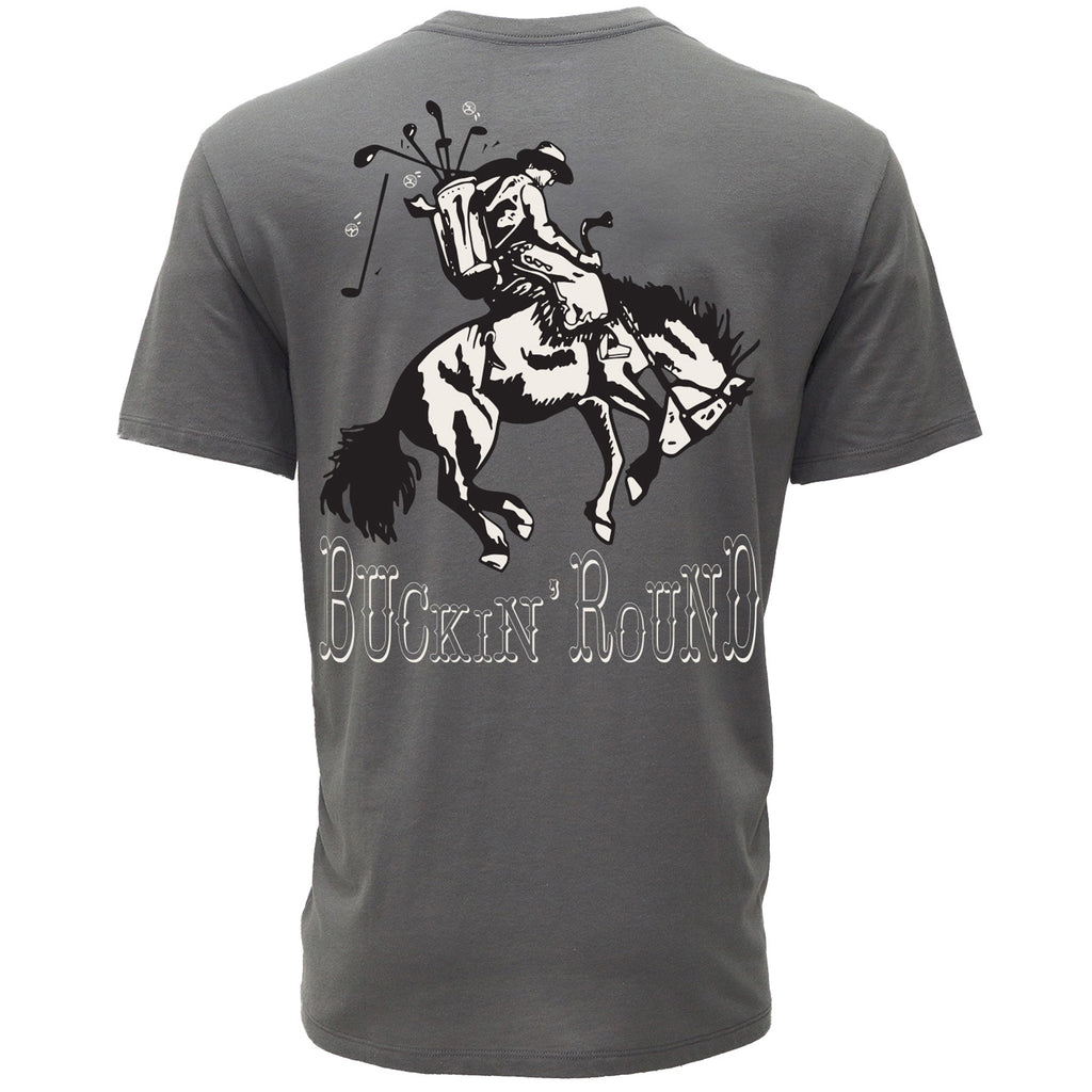 Hooey Buckin’ Round Dark Grey Cowboy Golf T‑shirt, back view showing the cowboy golf graphic on a white background.