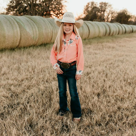 Kid's Peach/ Cactus Long Sleeve Pearl Snap Vintage Shirt