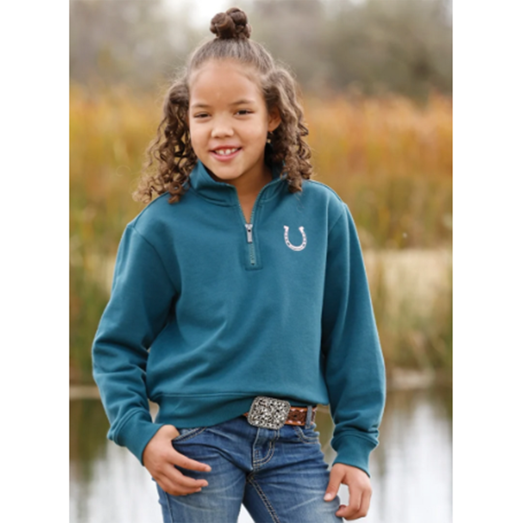 quarter zip, teal, horse show embroidery on left chest 