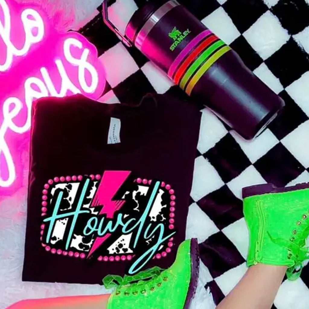 Neon Howdy Cow print Girls Tee 