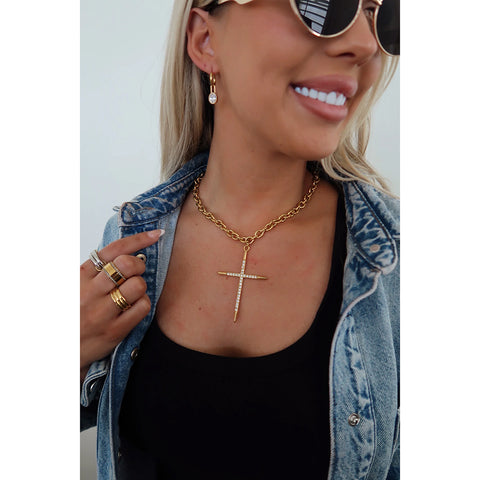 gold cross pendant with diamonds, gold chain 