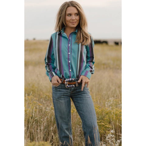 Women's Purple, Teal and Black Stripped Button Up