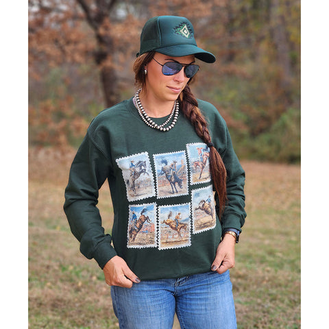 Green crew neck, Long sleeve, Rodeo Postage design 